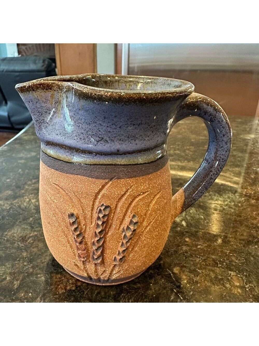 Vintage Hand Thrown Pottery Pitcher Creamer Vase Wheat Blue Drip Glaze Signed